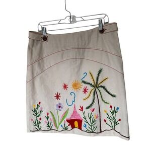 Tibi Mini Skirt Womens 10 Beige Good Tropical Embroidered Linen Blend A-Line